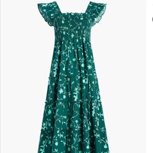 Hill House Home Ellie Nap Dress Green Floral Cotton Poplin Smocked Midi XS